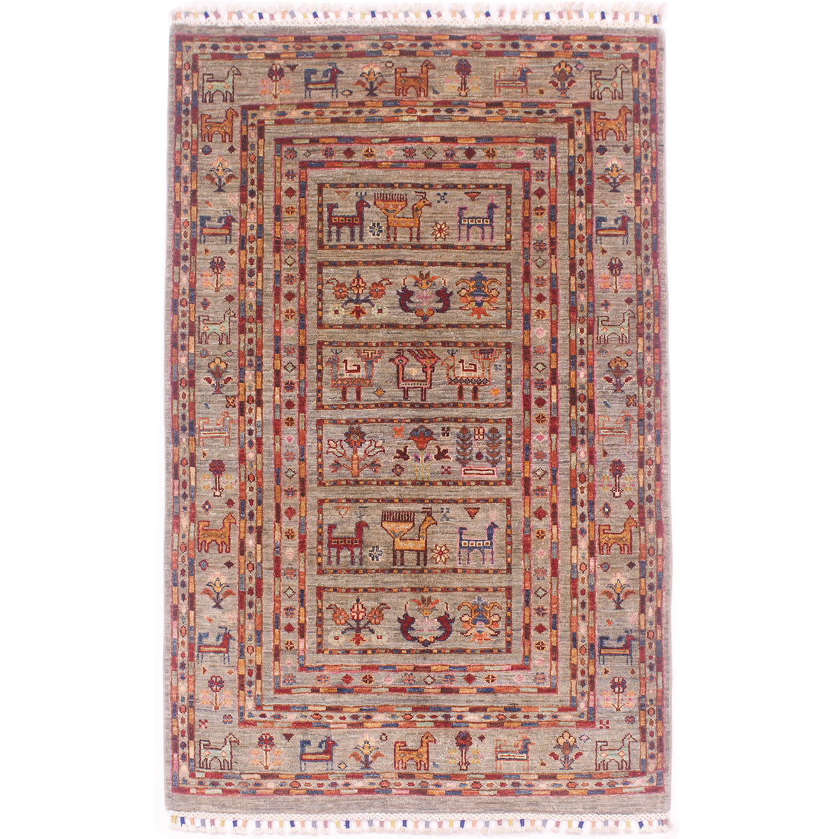 Greeny-grey colour handmade Afghan Samarkand rug with ladder style design containing panels of plant and animal tribal motifs.