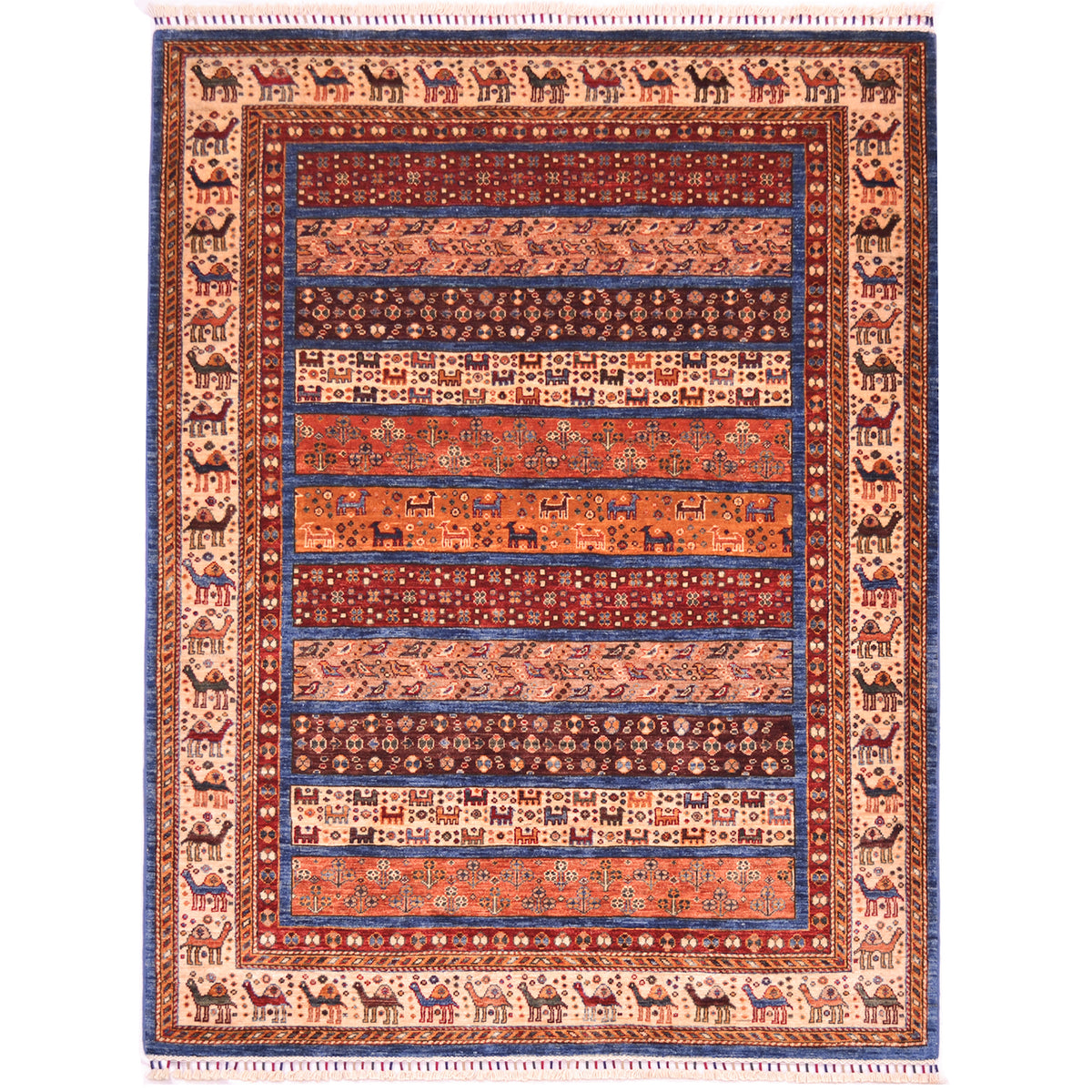 Afghan Samarkand rug with multicolour geometric design which includes animal motifs.