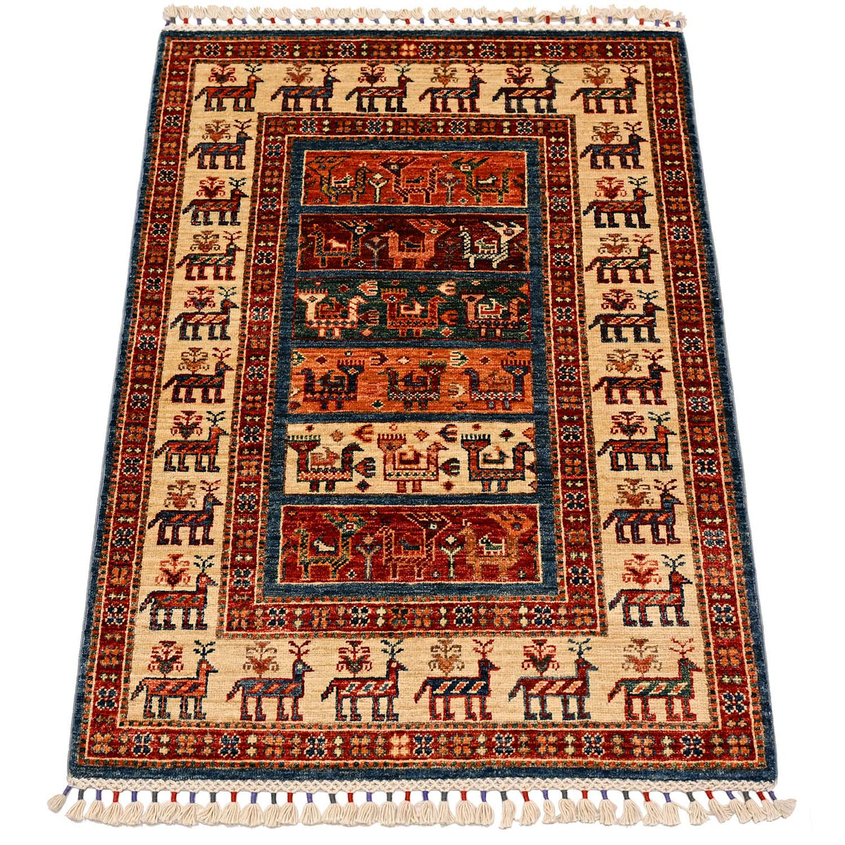 Full front view small rug with red border, cream field, and blue-centered design