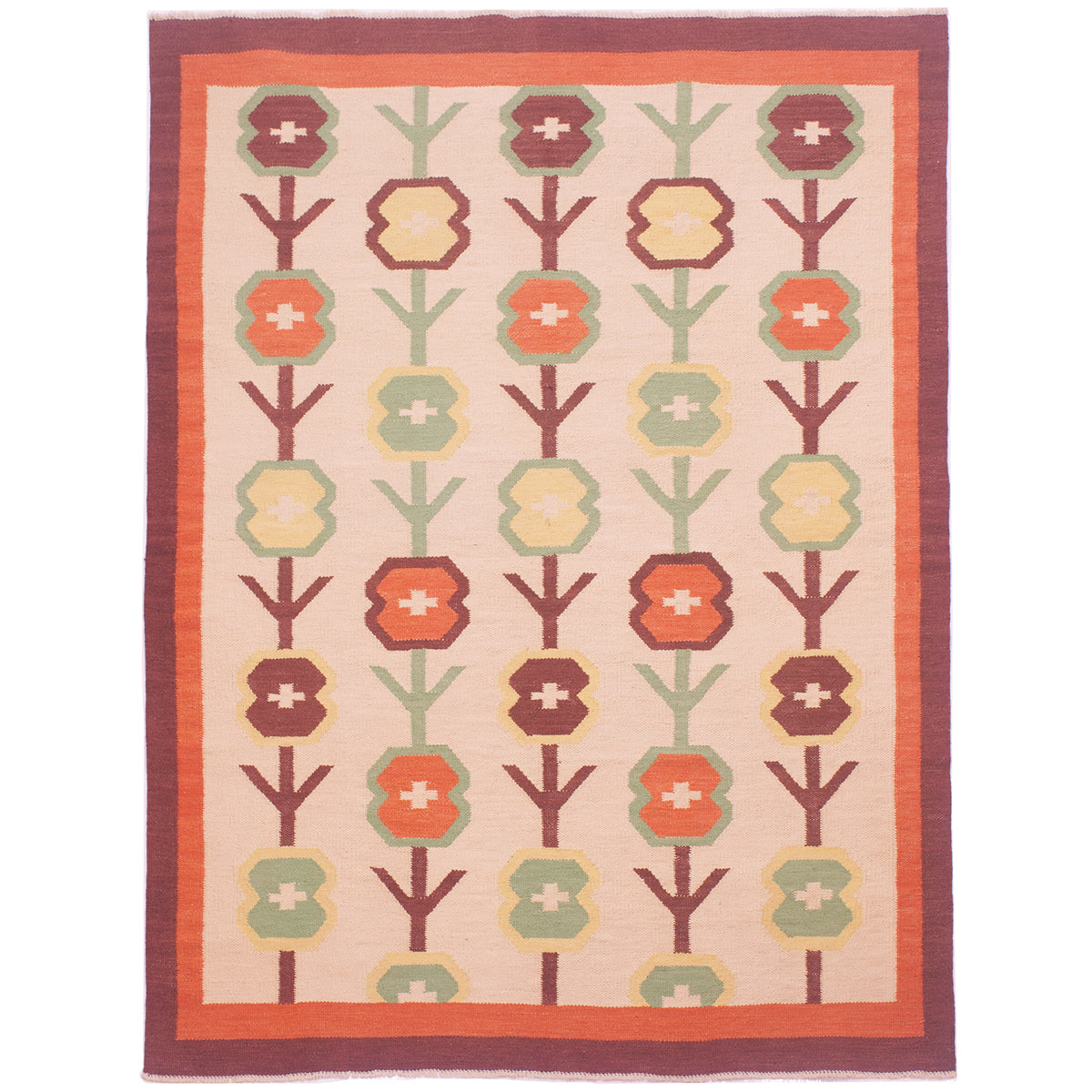 Scandinavian style Kilim rug with cream field of floral motifs in green, yellow, orange and brown bordered by a plain orange and brown surround.