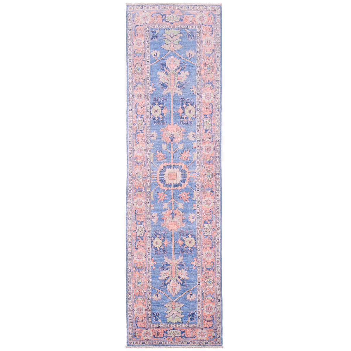 Afghan Serapi runner with hand-knotted wool pile in eye-catching colours of blue & pink geometricised floral design.