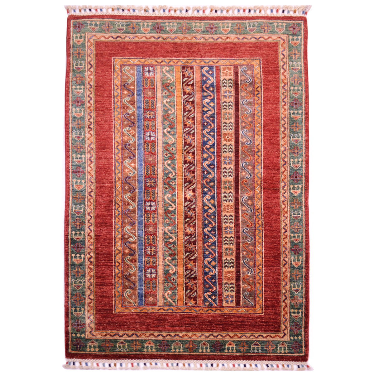Hand-knotted wool pile Afghan Shaal Rug with theme of patterned stripes surrounded by inner plain red border and outer green border with amulets motifs.