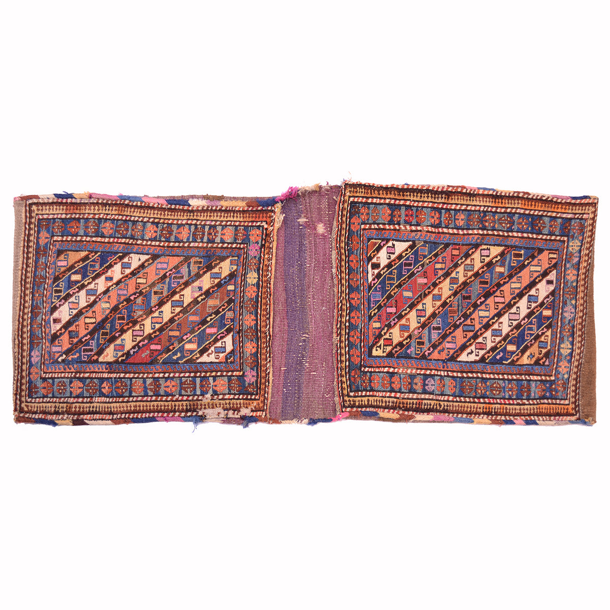 Antique Shahsavan Khorjin double bag with diagonal stripe design.