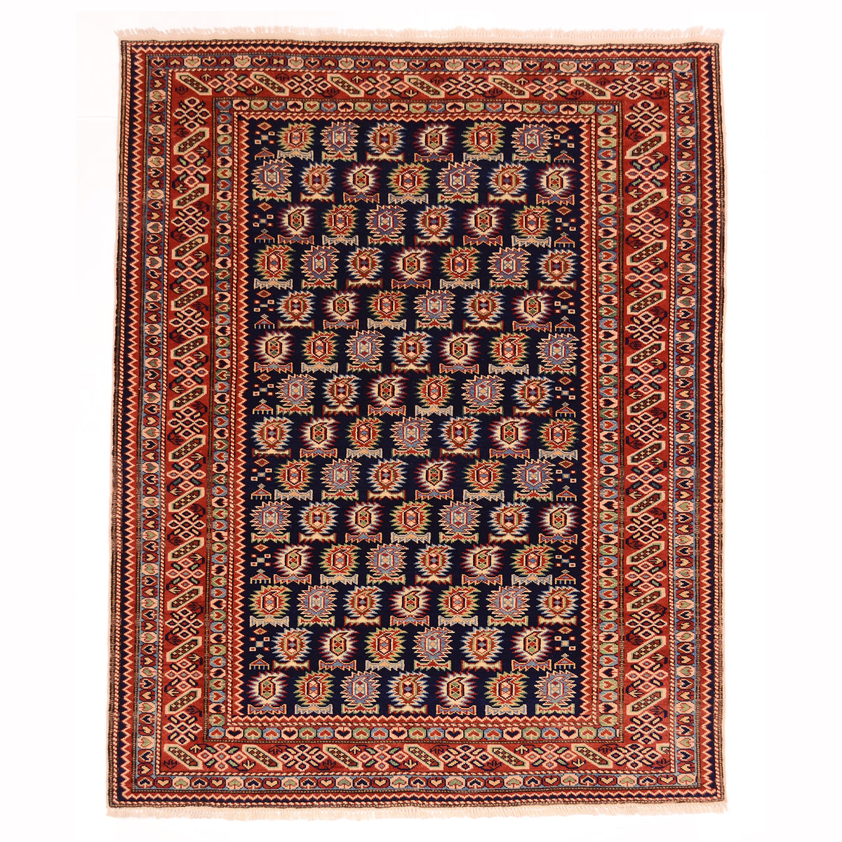 Handmade Fine Afghan Shirvan Rug with all over Marasali boteh design on a dark navy blue ground.