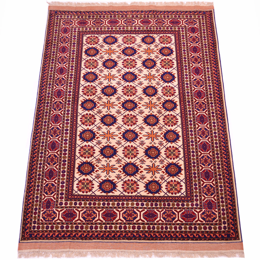 Kabul silk and wool fine rug, cream ground with red framing and repeating blue motifs