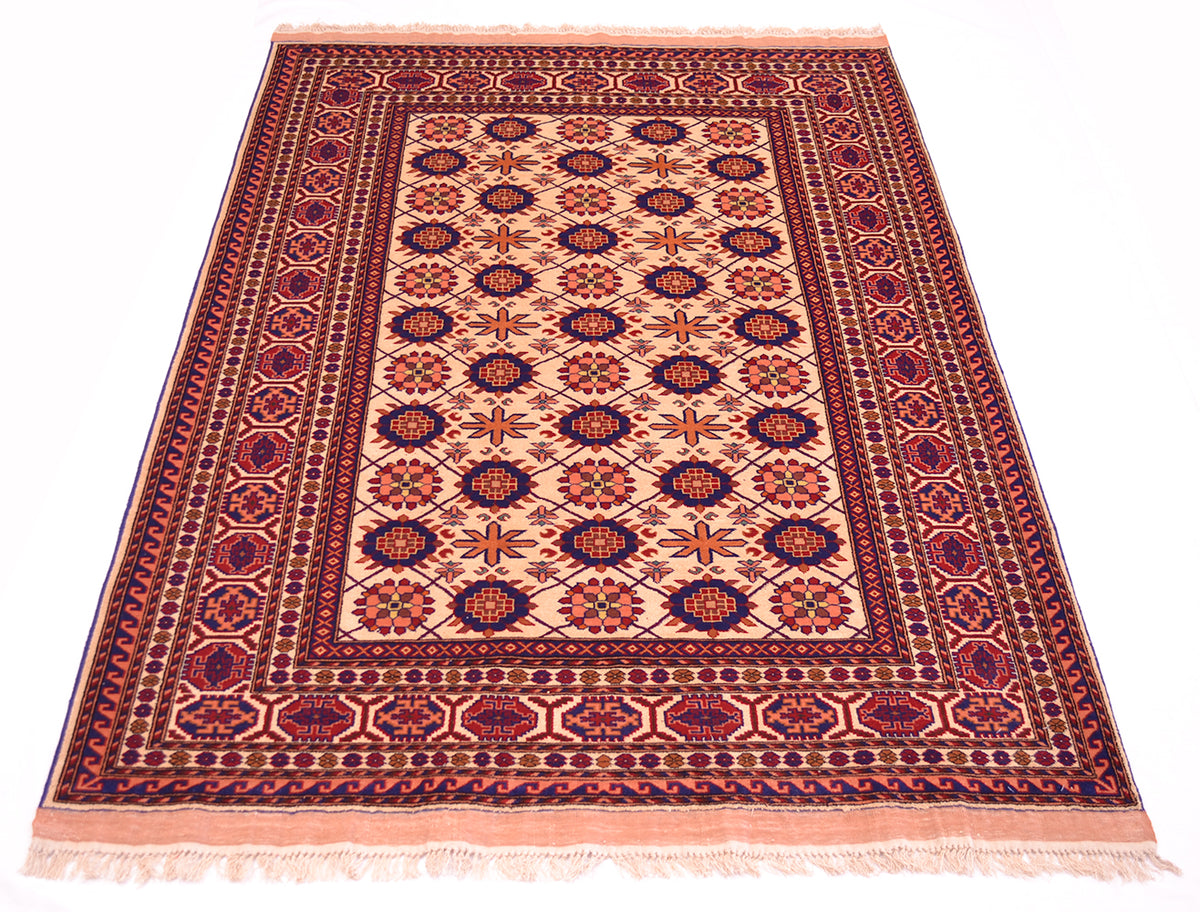 Kabul silk and wool fine rug with cream background, red tones, and blue star-and-flower pattern