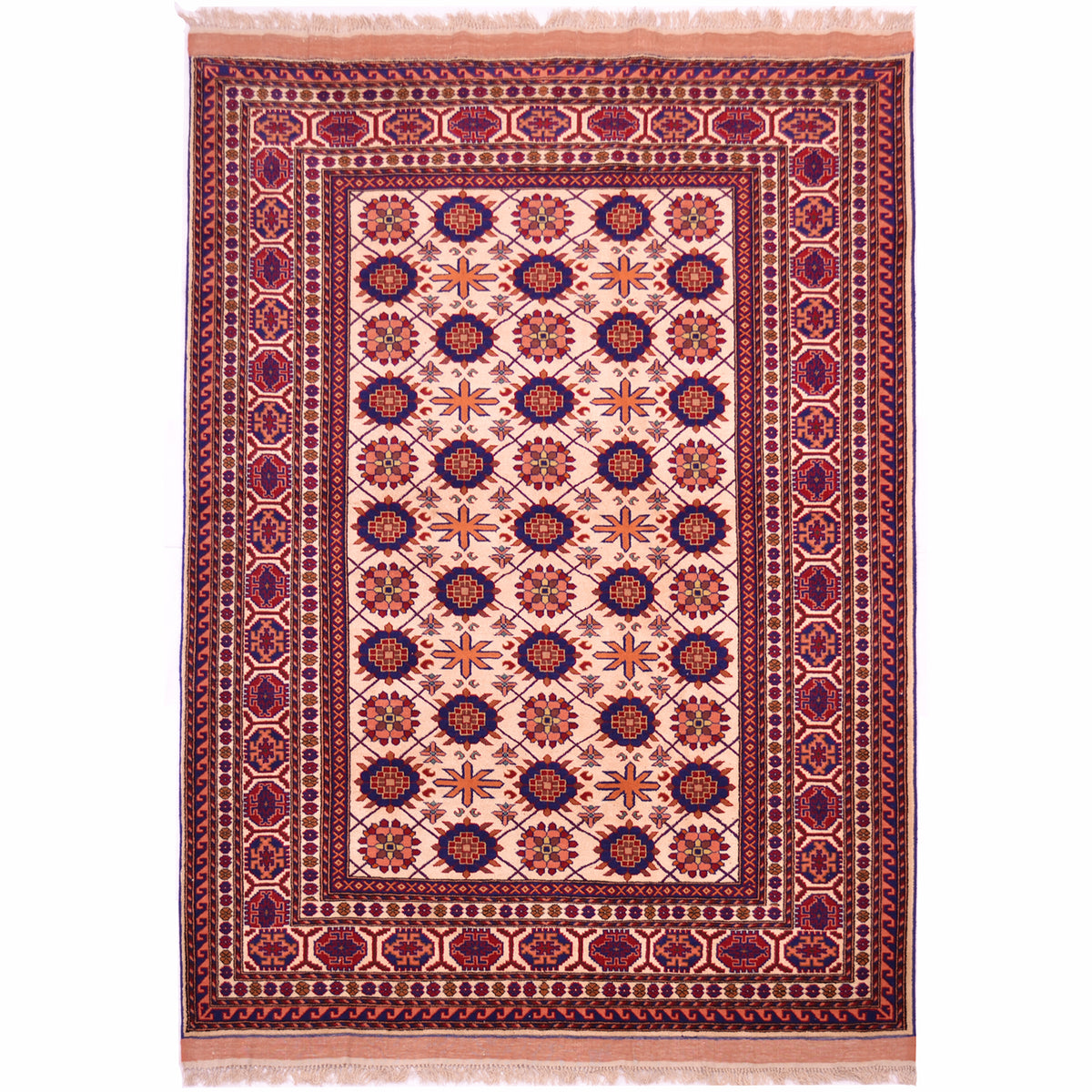 Kabul silk with wool fine rug with beige silk field overlaid with all over floral Mina Khan design. Detail colours of navy blue, red, orange, apricot, and green.