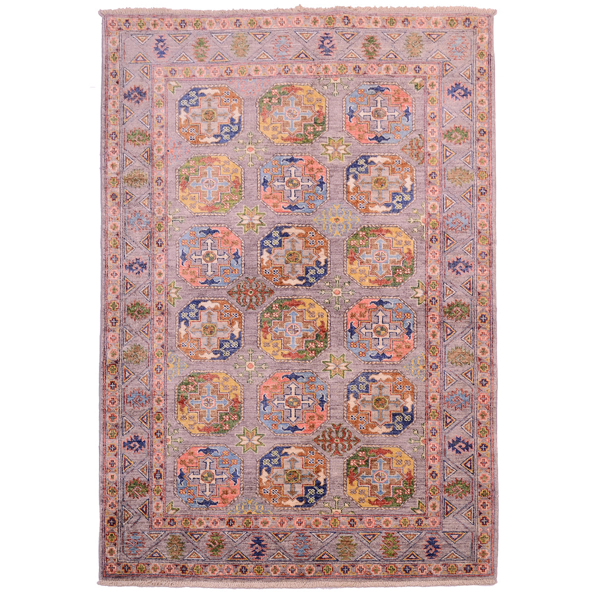 Sultani Rug with Ersari Fil Pai design with grey field with soft palette of multi-colour guls and colourful secondary guls