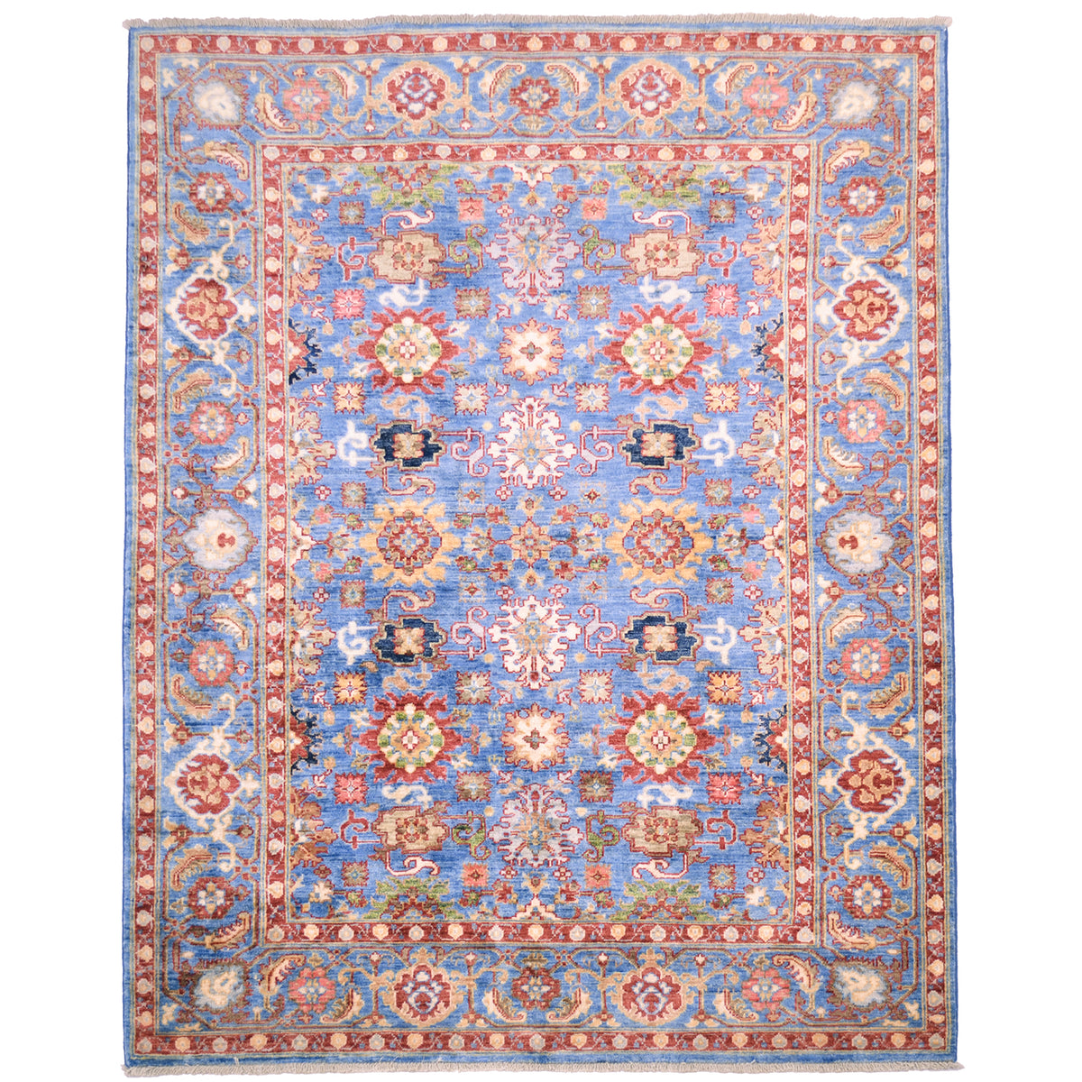 Hand-knotted wool pile Sultanabad rug from Afghanistan with all over floral design on a light blue field with multiple floral field and cloudband border. Secondary colours of red, green, gold and light blue.