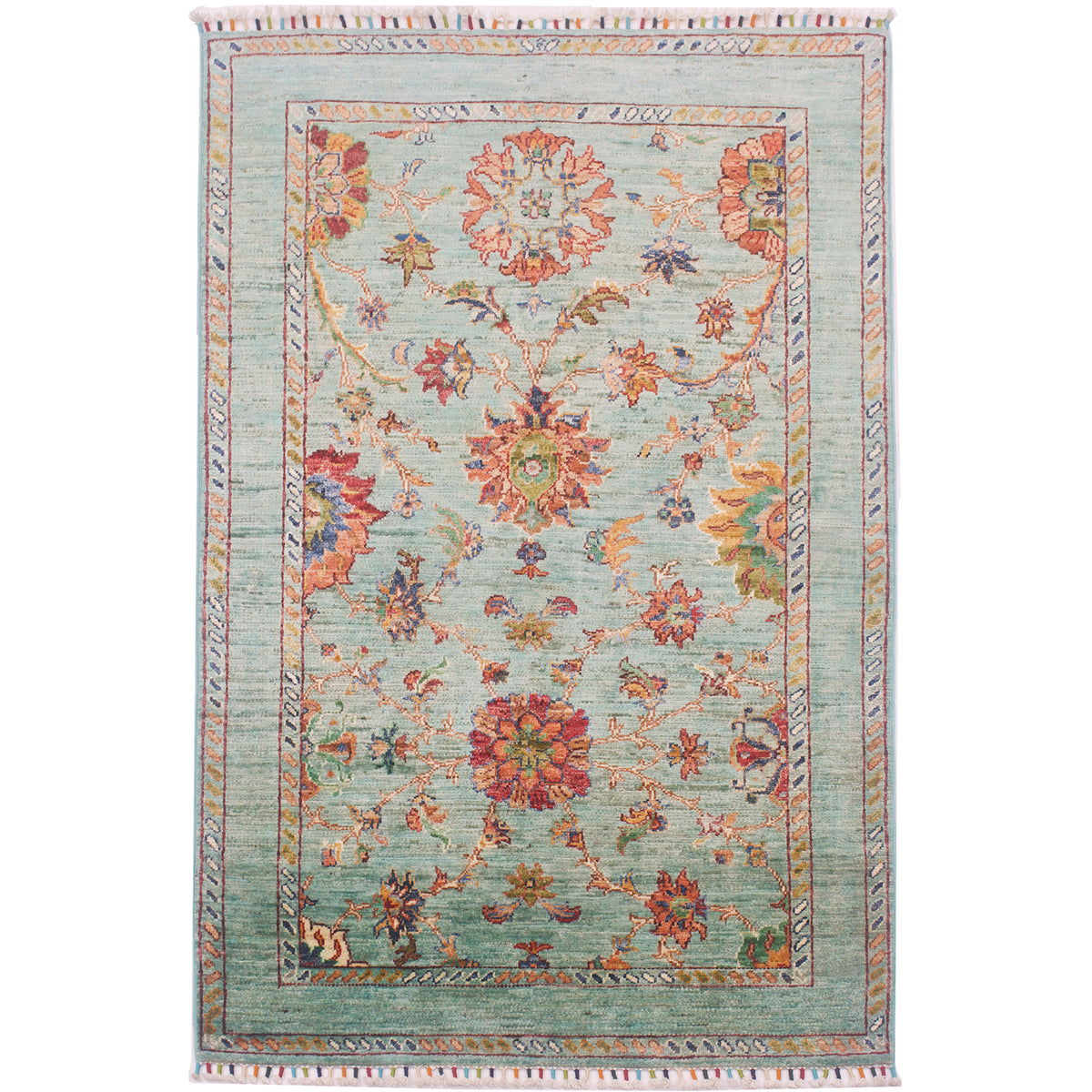 Fine Afghan Sultani rug with turquoise / aqua topaz main colour with all over floral design with plain border.