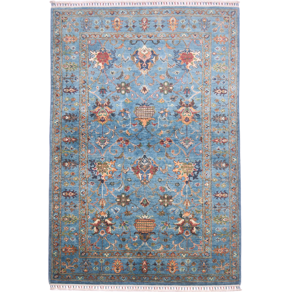 Hand-knotted Afghan Blue Sultani rug with contrasting all over floral design with persian motifs and palmettes. Cerulean blue colour field.
