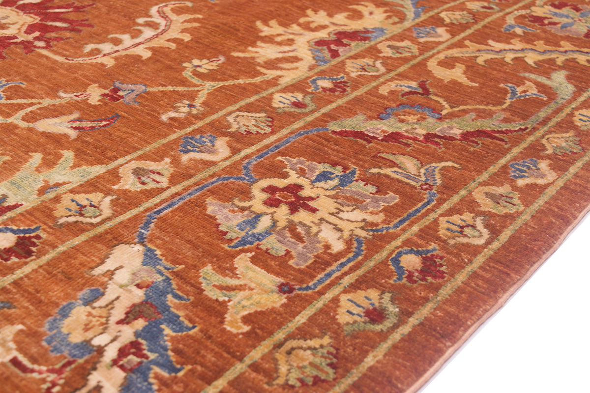 Detailed view of border detail of Afghan Sultani carpet with bule , red and cream detailign with accents of light golden creams. Pure wool pile.