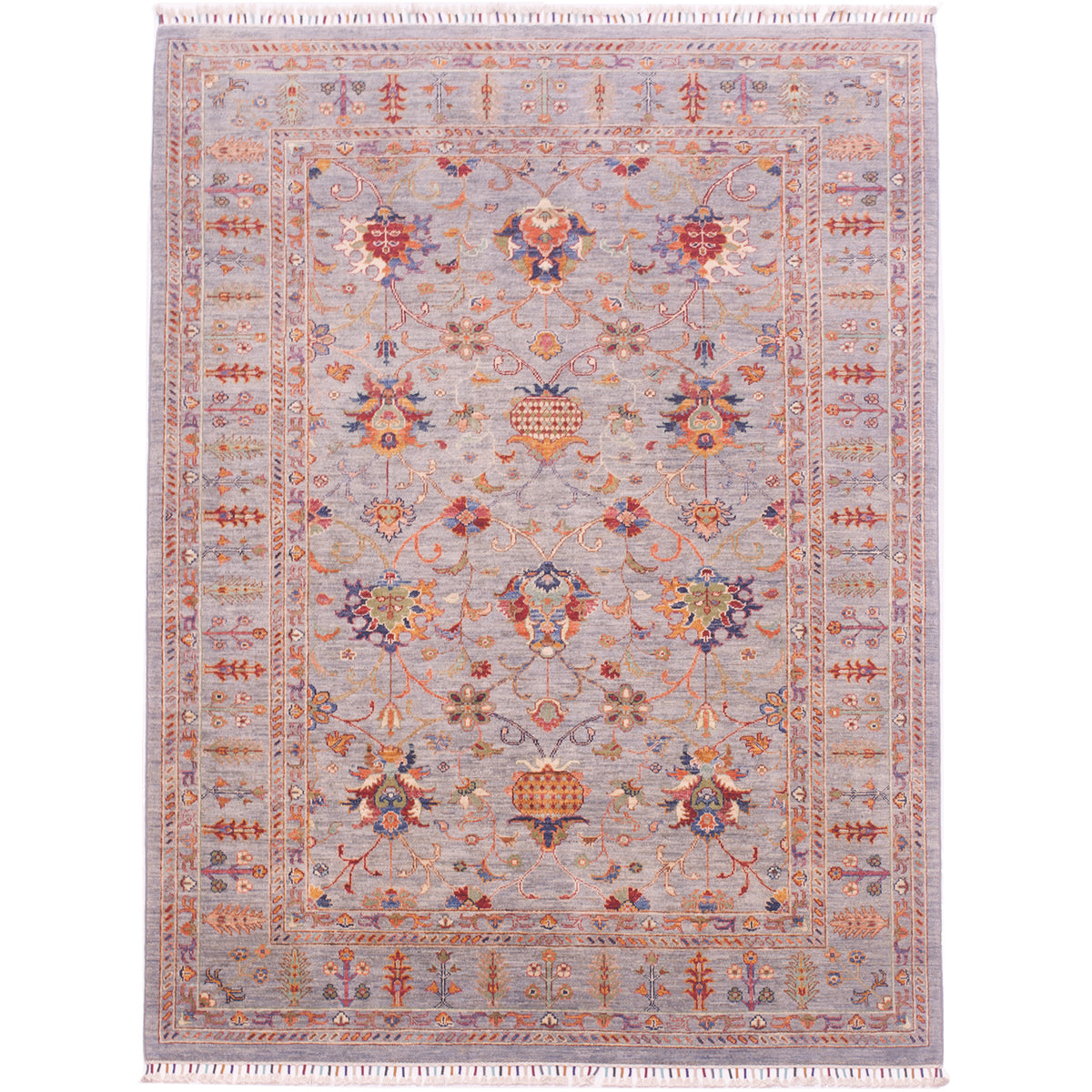 Grey- bluish toned Sultani carpet with all over contrasting floral pattern with detail touches of rust, orange, green and blue with tradtional classic design and stylised flower border.