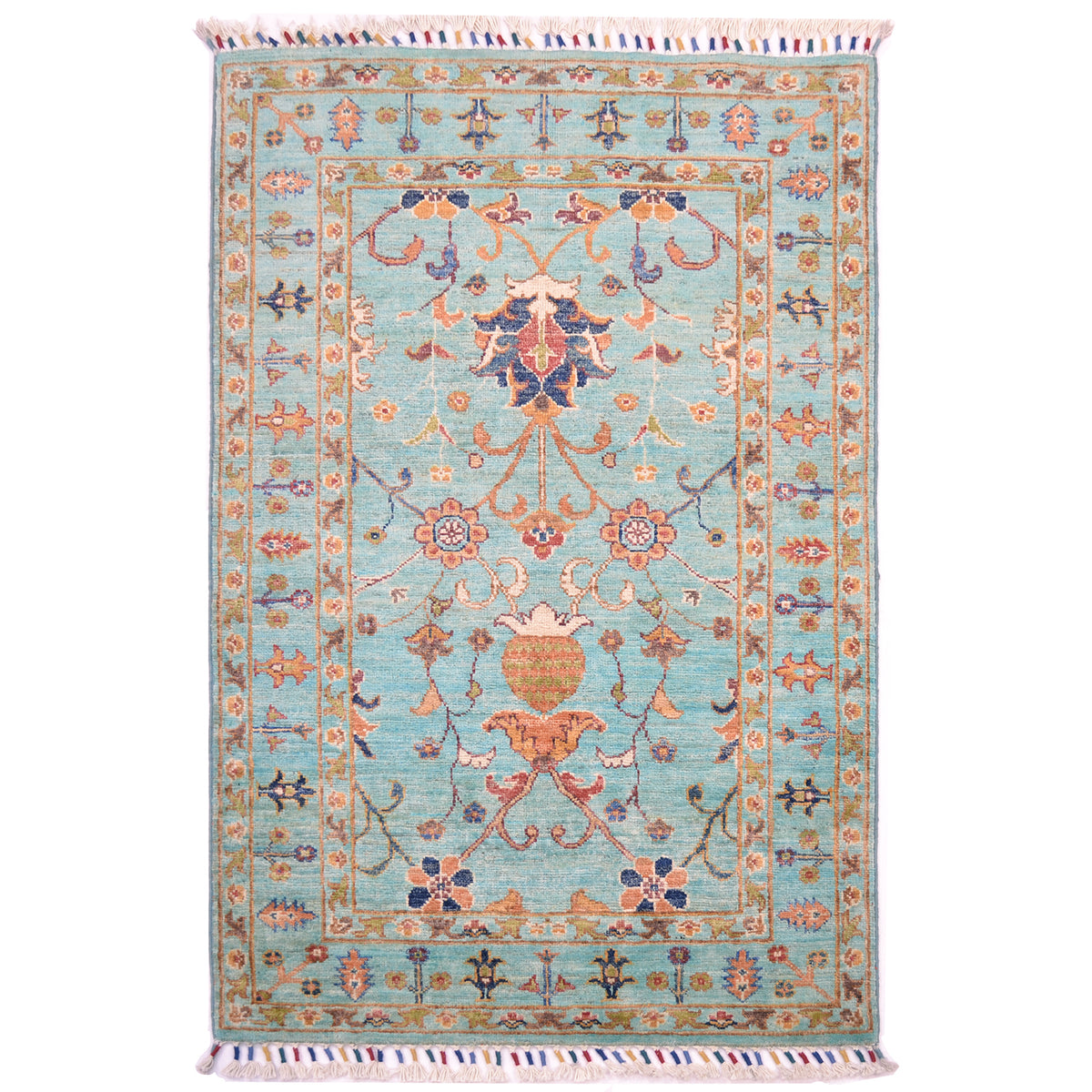 Turquoise Fine Afghan Sultani rug with all over floral design with contratinb warm toned decotavie palmette and blossom designs.