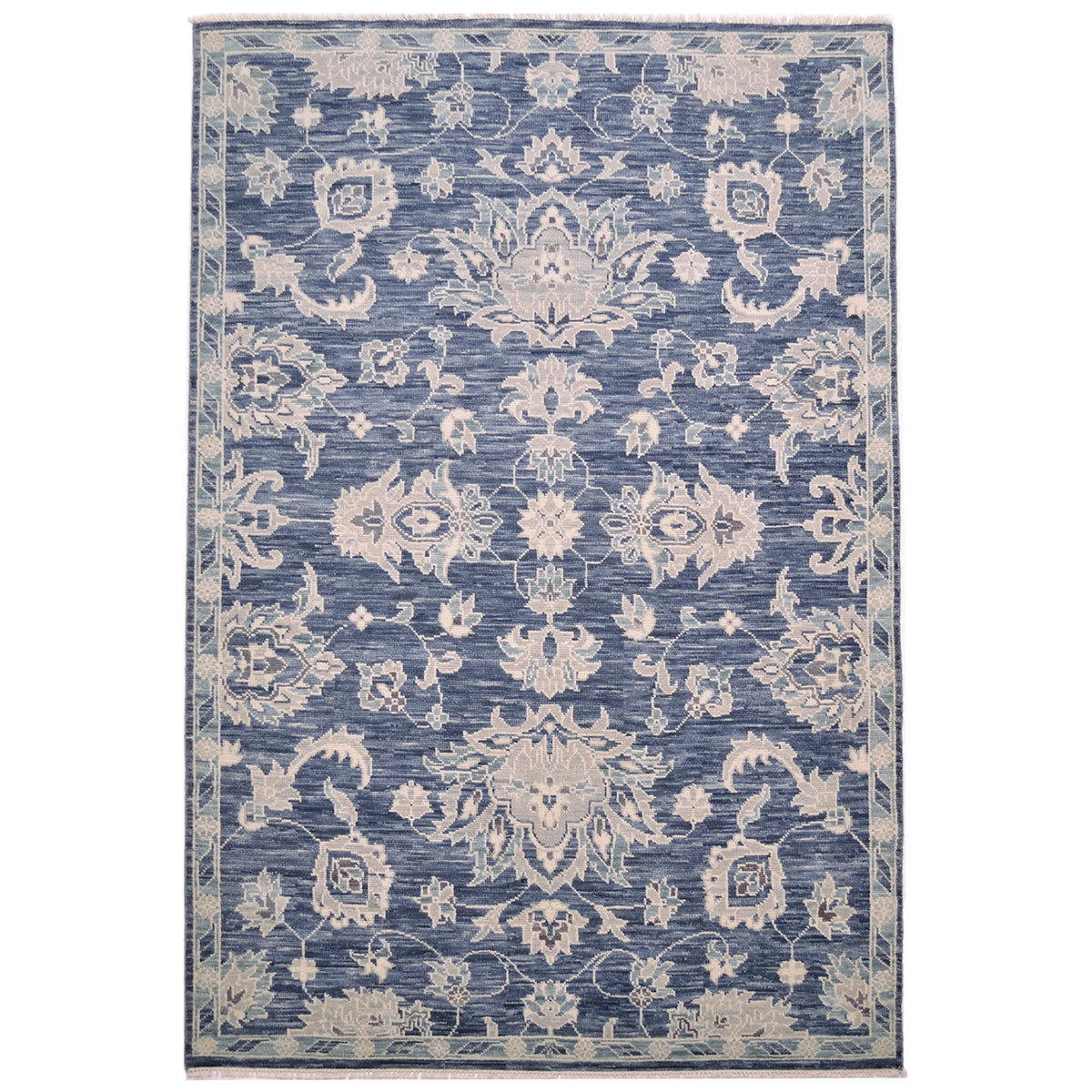 Elegant floral design Indian Tonal rug in dark blue and cream tones.