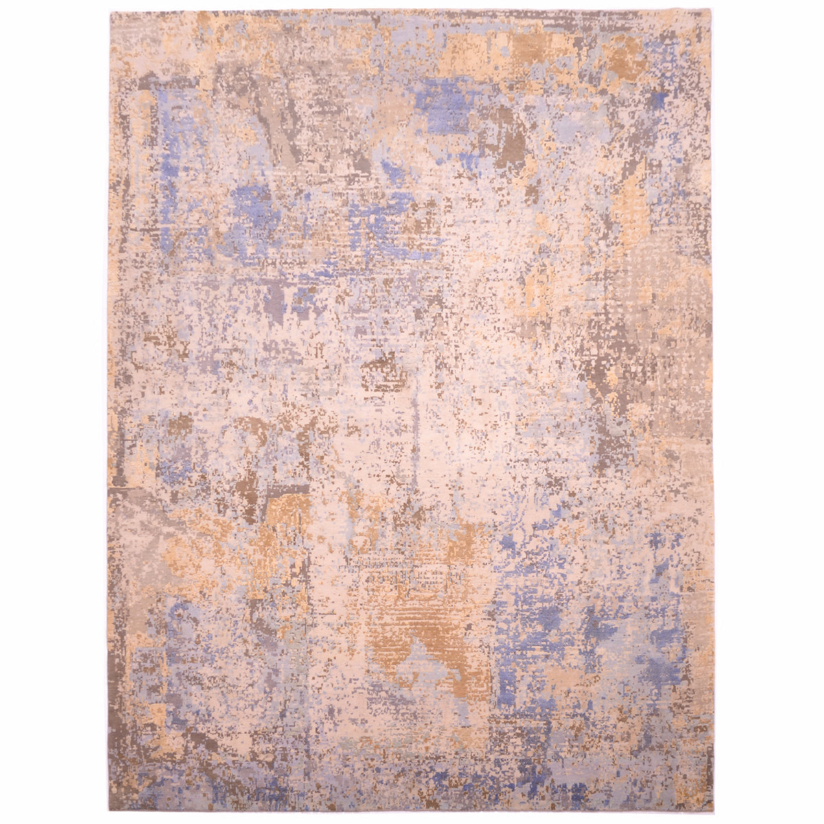 Twilight Tranquility carpet: a masterpiece abstract rug with colours of gold beige, grey clay, taupe and cream. Wool and silk high-low pile. Silk area in cream golds, sky blue and light blues. Abstract design with softeed tones and textured pile.