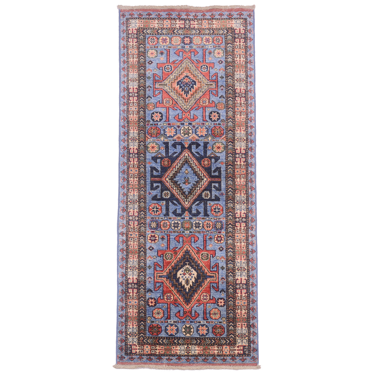 Handwoven Afghan Blue Turkmen tribal style runner: blue with triple medallion design.