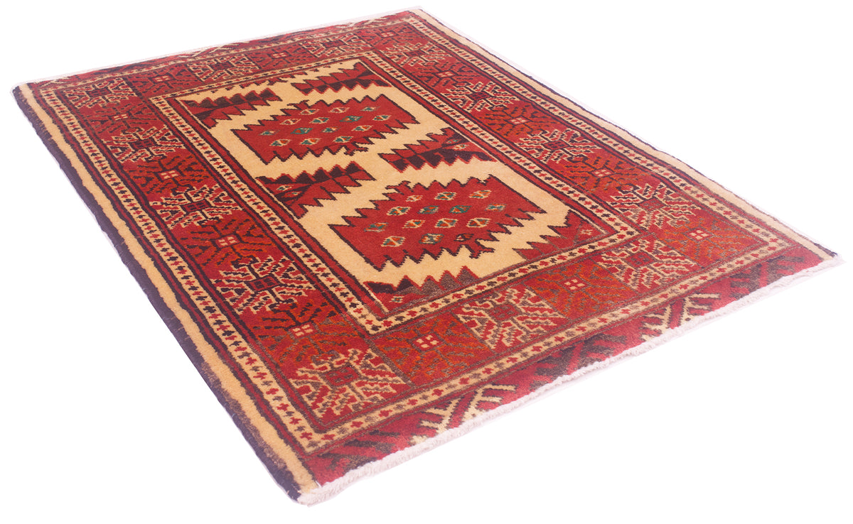 A traditional hand-woven area rug mat with a geometric pattern, featuring a deep red field, beige and navy blue borders, and white fringe on a solid white background.