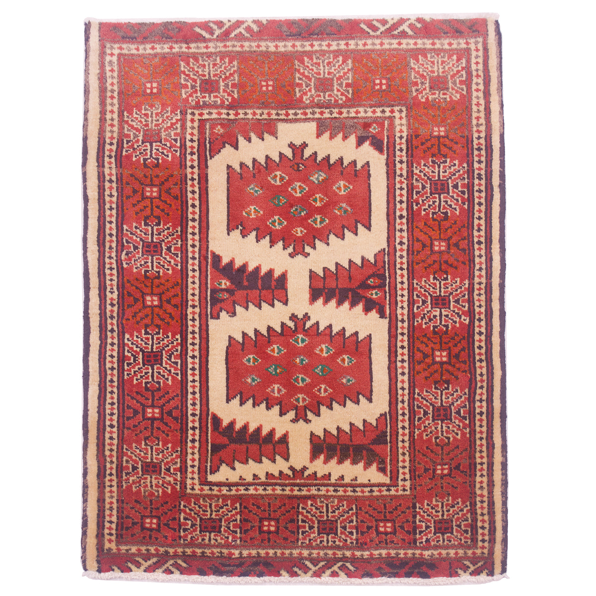 Handwoven Turkoman mat with geometric design of red 2 gul motifs set on a cream field with red main border.