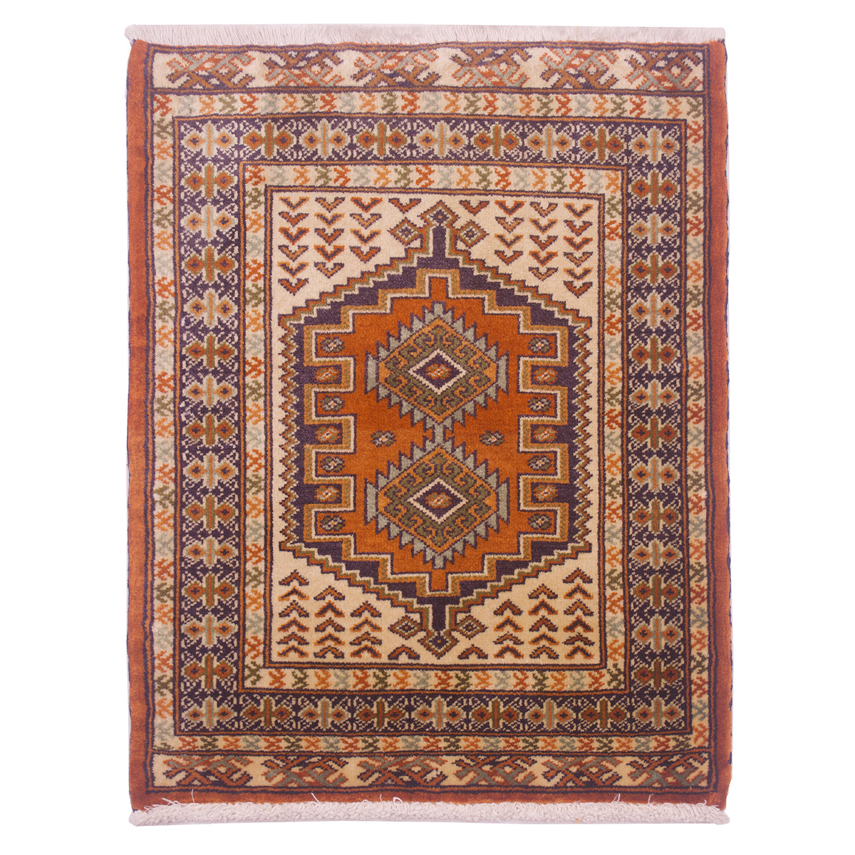 Hand-knotted Turkoman mat with charming geometric tribal medallion design. Colours of orangey-terracotta, navy, cream, green & light blue.