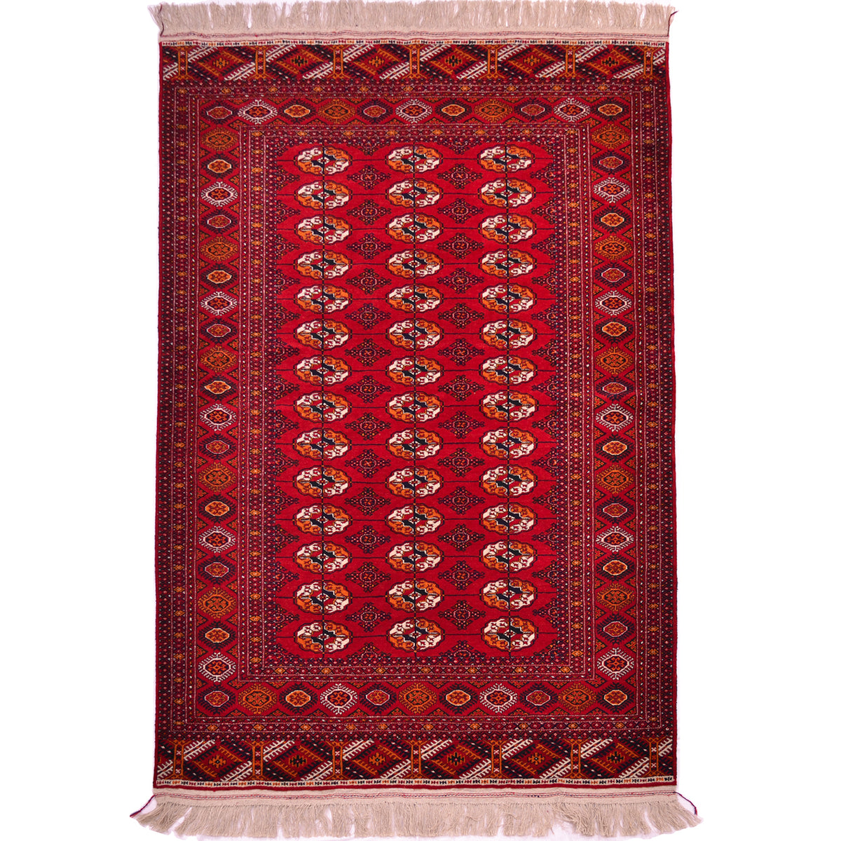 Turkoman Bokhara red rug with all over design of 42 Bokhara guls.