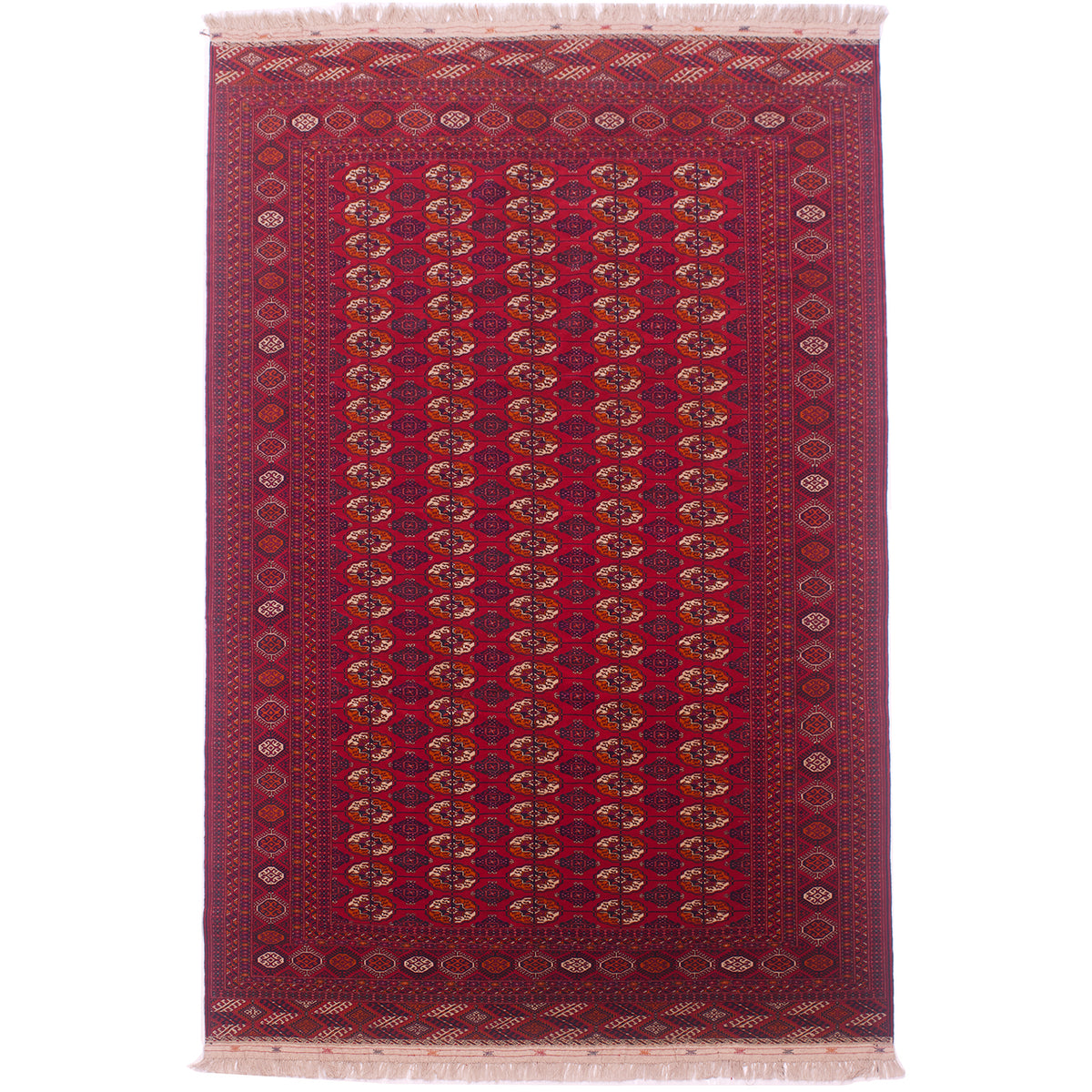 Fine quality red Turkoman Bokhara Carpet red with all over geometric design of Tekke guls.