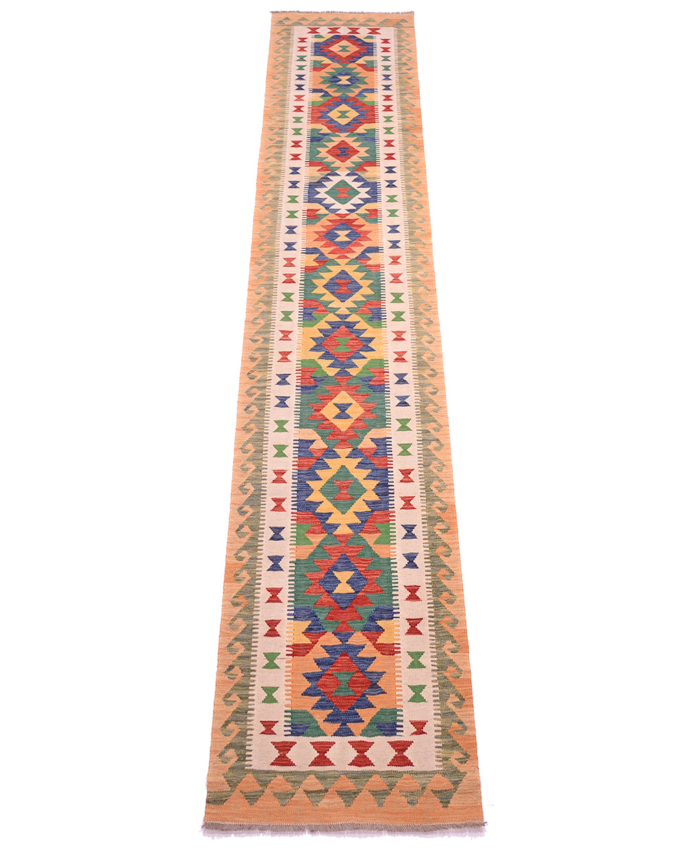 A 13ft long rectangular handwoven multicolour Kilim long runner rug with a vibrant geometric pattern in red, blue, green, and yellow on a beige background, bordered by peach-coloured edges.