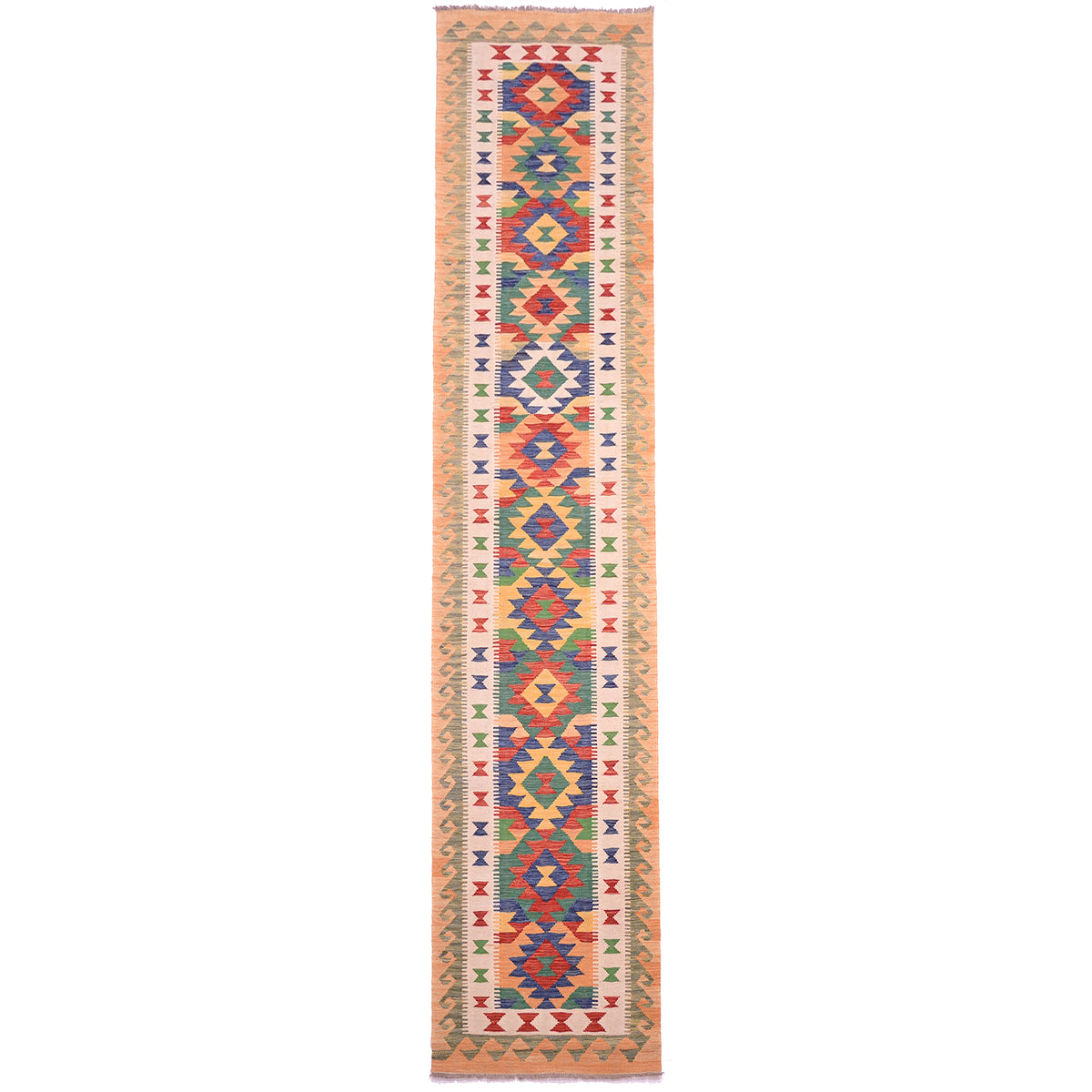 Handwoven Multicolour Kilim Long Runner with colours of soft orange, green, yellow, blue, red and cream.