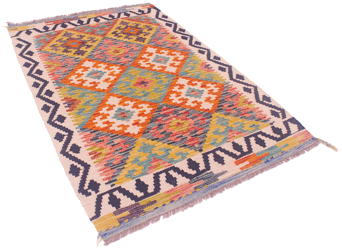 A 4x2'8 kilim Afghan rug with a vibrant geometric diamond pattern in orange, yellow, blue, pink, and purple on a cream background, featuring fringed edges.