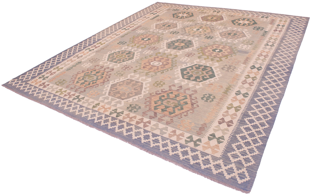 A rectangular Large Afghan Veg Dye Kilim area rug with a geometric tribal pattern in muted tones of beige, dusty blue, sage green, and terracotta, shown from an elevated angle on a white background.