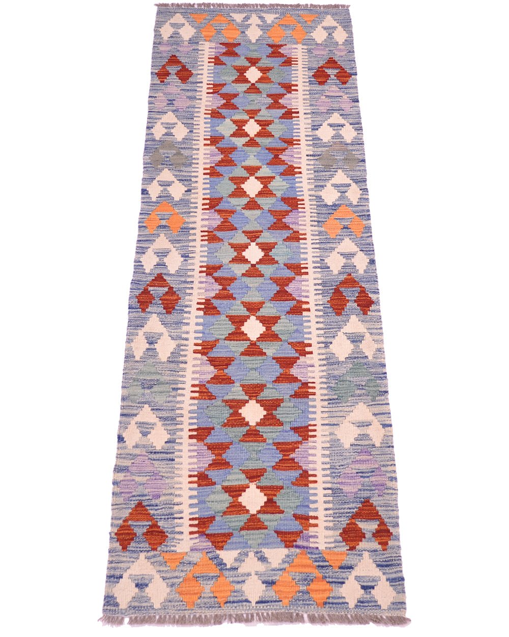 A 2m long rectangular Handwoven Short Kilim Runner rug with a geometric tribal pattern in blue, orange, red, and cream, shown flat against a white background.