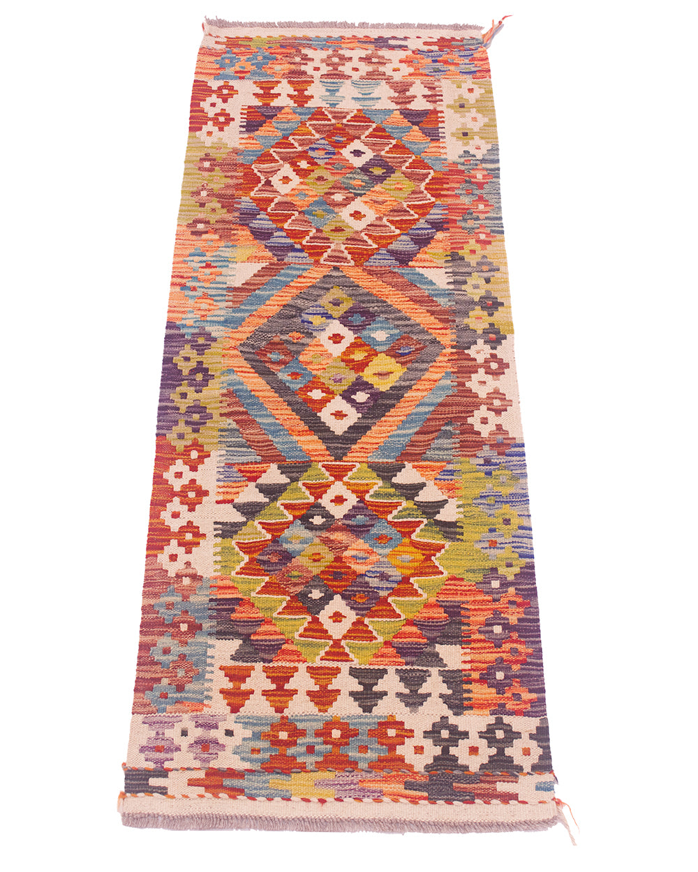 A Small Afghan Kilim Strip with a bold geometric pattern in multiple colours, including red, orange, blue, green, yellow, and cream, shown flat against a white background.