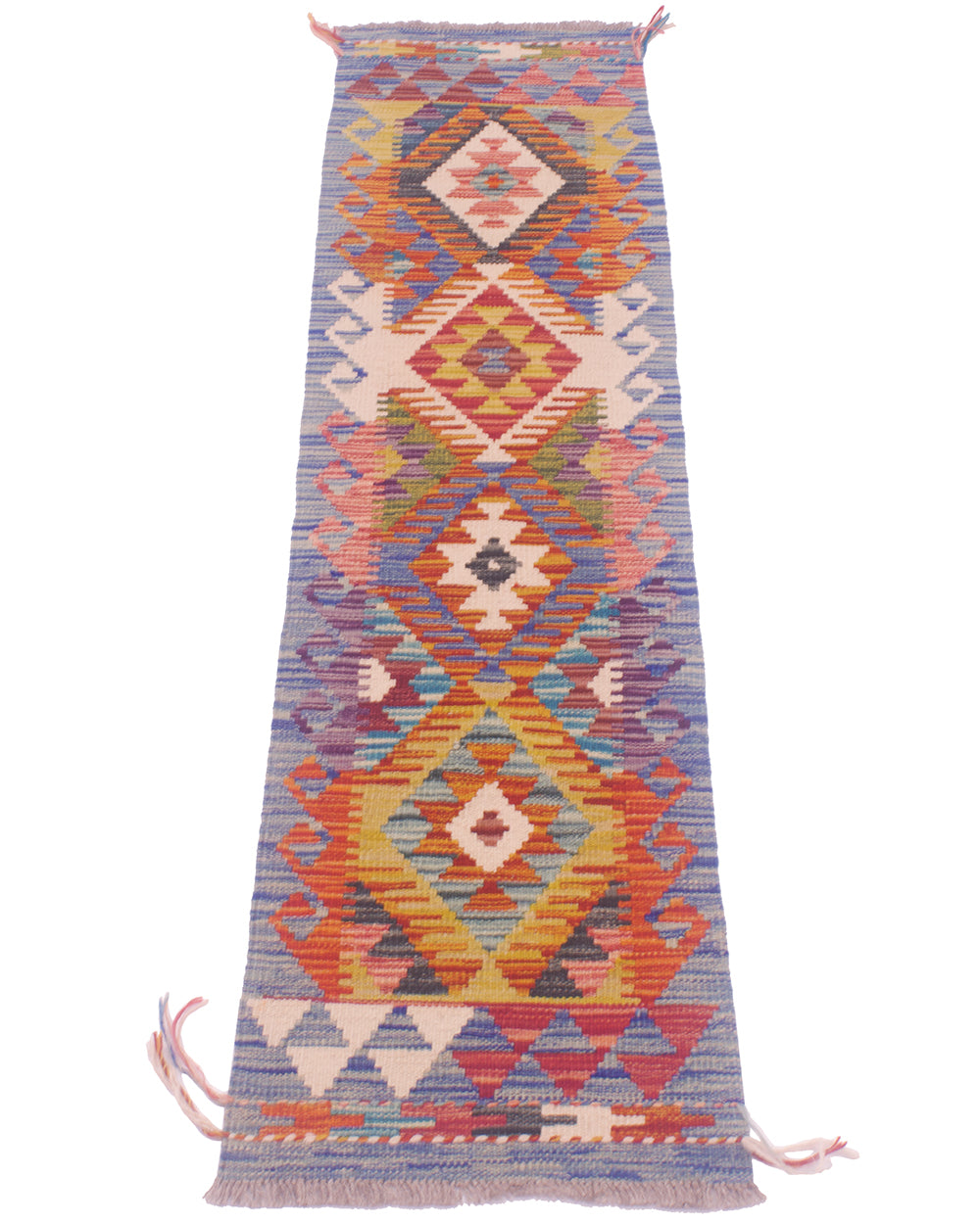 A Small Kilim Strip rug with a geometric pattern in multiple colours including orange, red, yellow, blue, and cream, shown flat against a white background.
