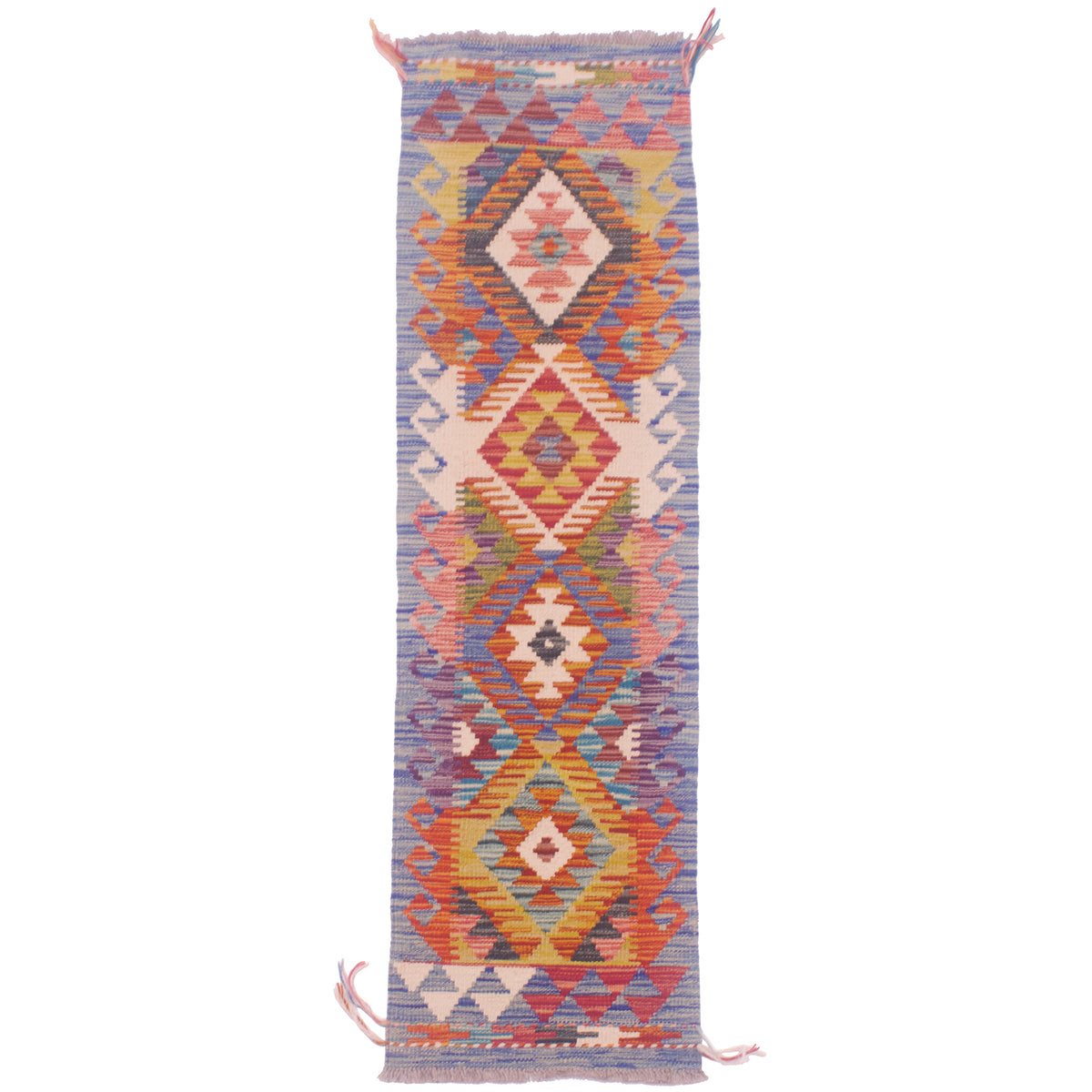 Handwoven Afghan Small Kilim Strip with multicolour geometric design of 4 medallions.