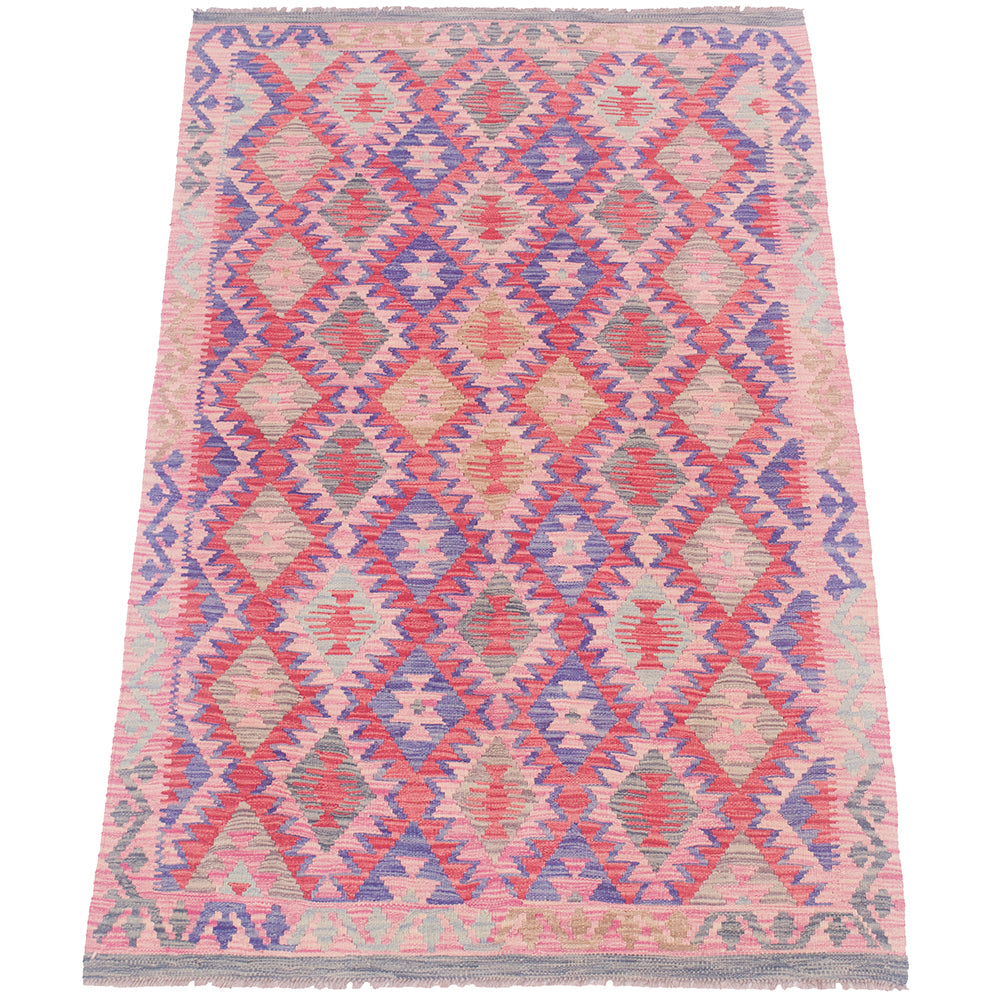 A rectangular 6x4 handwoven woven Kilim area rug with a geometric diamond pattern in pink, blue, and beige, shown flat against a white background.