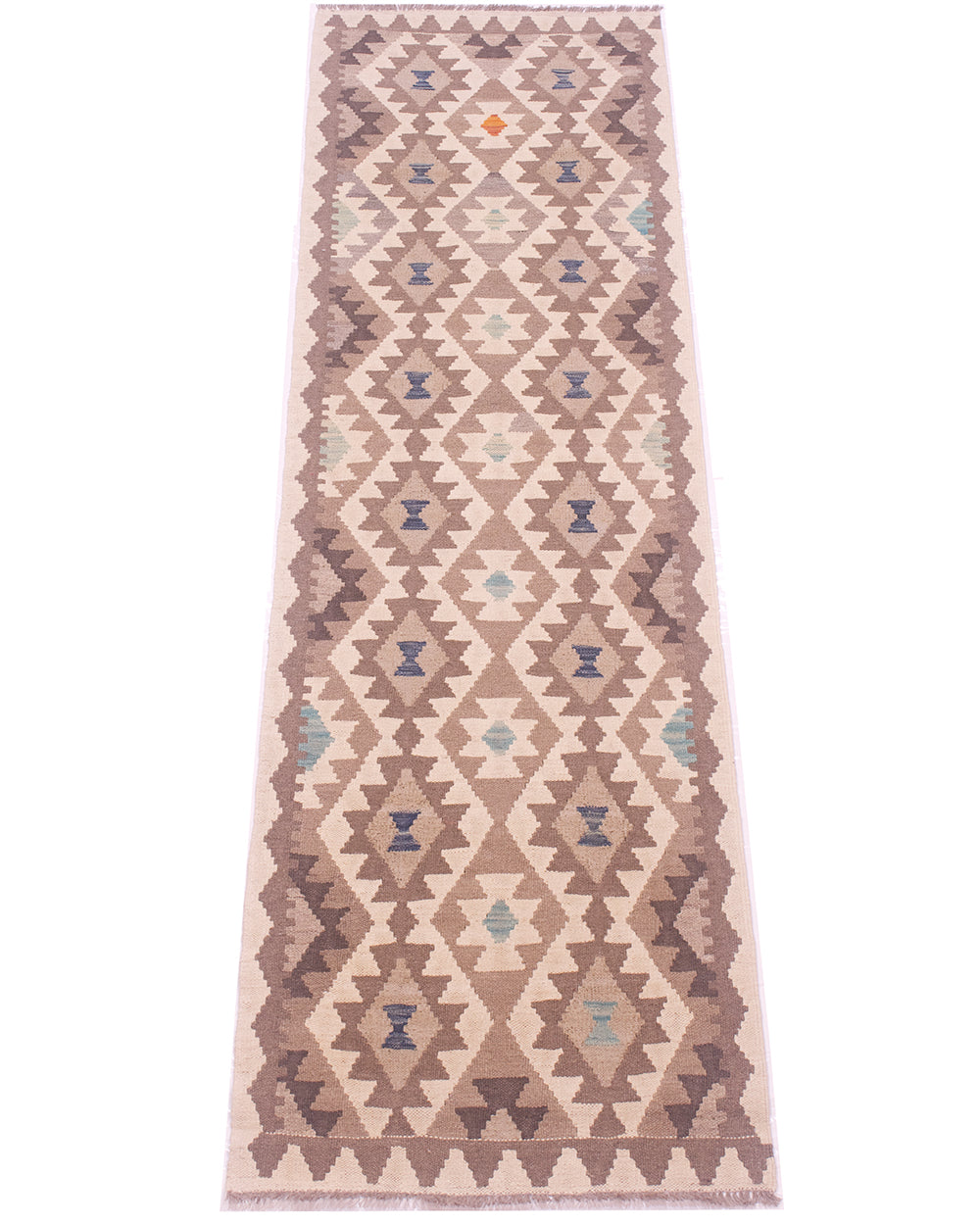 A 3m long rectangular Afghan Natural Dye Kilim Runner with a geometric tribal pattern in shades of beige, brown, and muted blue, shown flat against a white background.