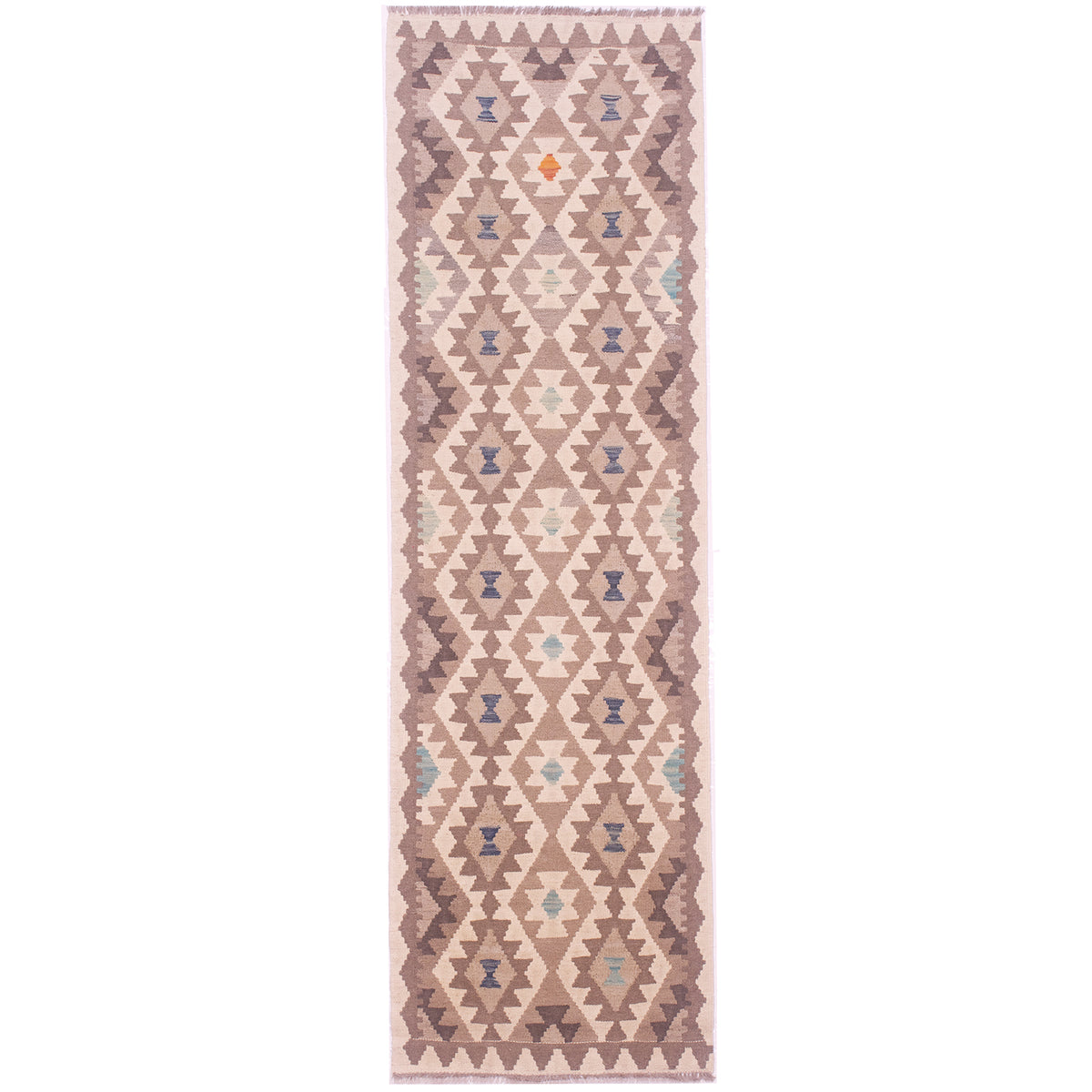 Afghan Natural Dye Kilim Runner with neutral tones of brown, cream, & grey with touches of blue, turquoise & orange.