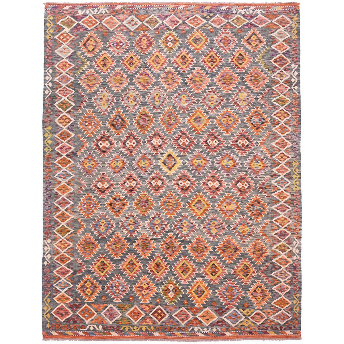 Large Afghan Green Kilim with all over geometric design.
