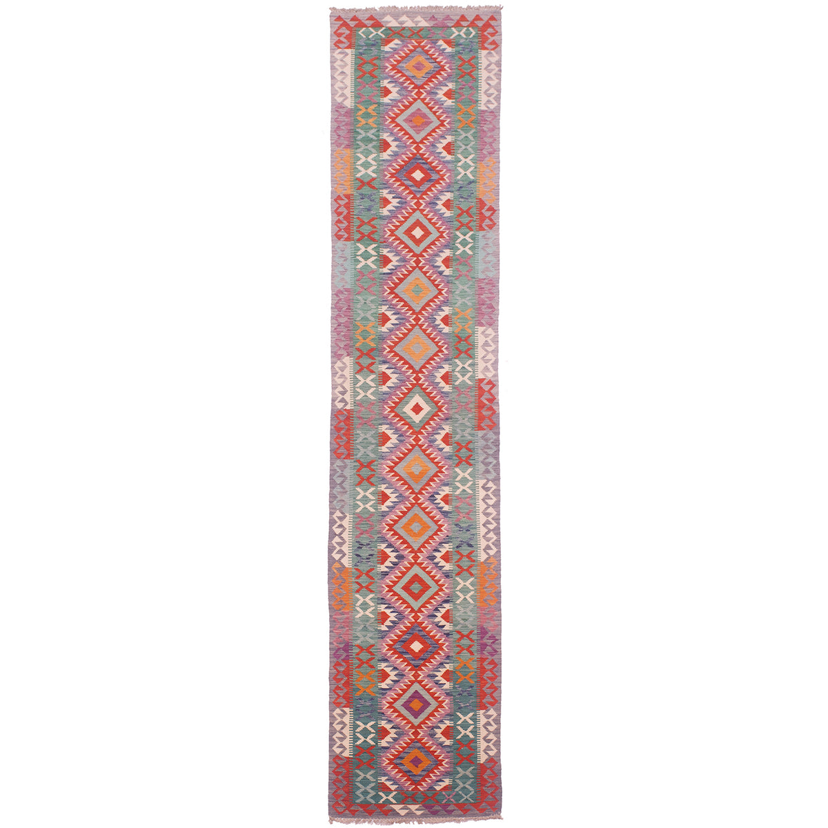 Afghan handwoven colourful long Kilim runner with multi-colour geometric design.