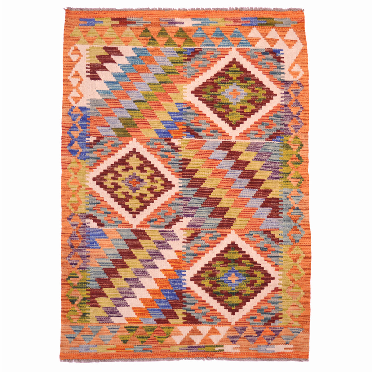 Handwoven Afghan Kilim wool rug with geometric 6 panel design and multicolour theme.