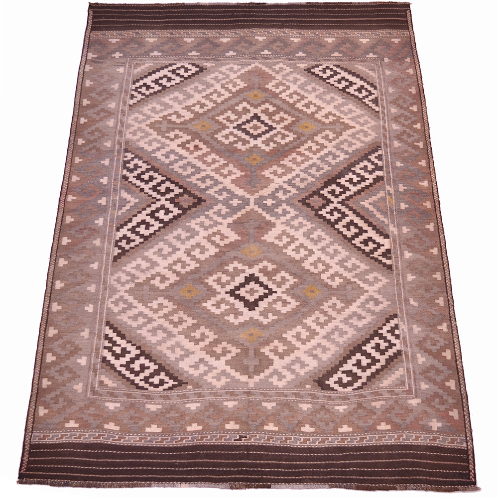 A 7x5 rectangular Old handwoven Afghan Kilim rug with a geometric tribal pattern in shades of brown, beige, and grey, featuring a central diamond motif and a striped border.