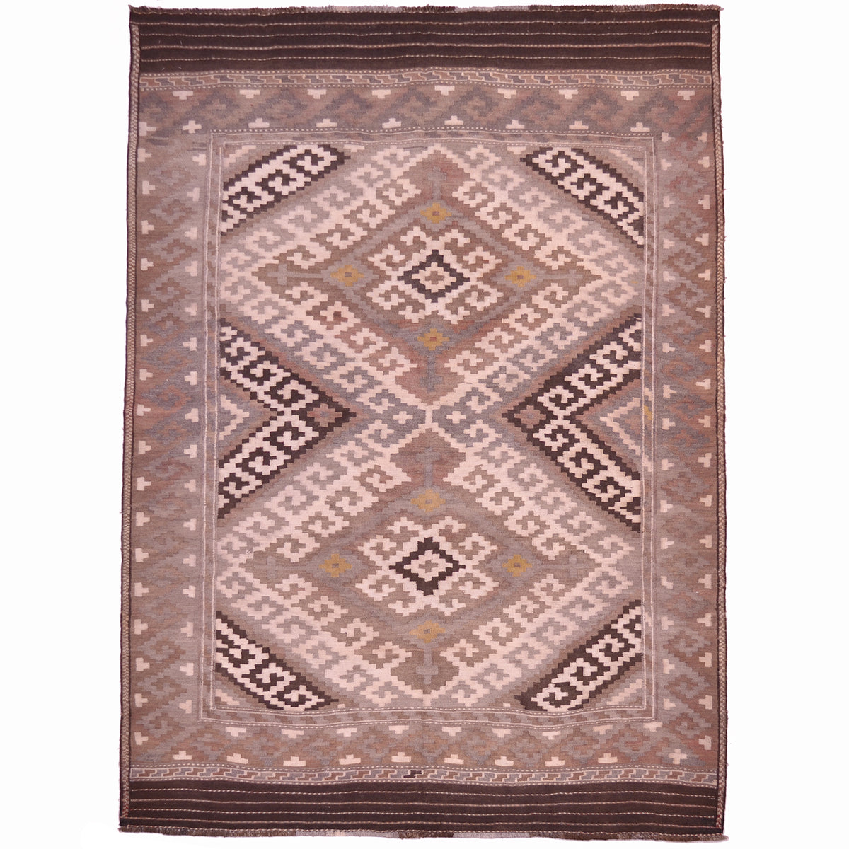 Old handwoven Afghan Kilim rug with geometric double medallion design in colours of beige, brown and grey.
