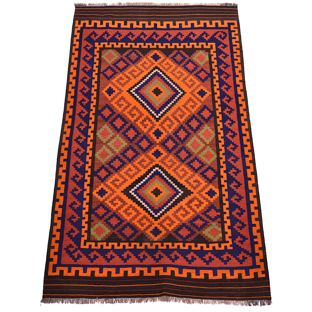 Colorful vintage Kilim rug with geometric border in orange, navy, rust, and cream; fringed.