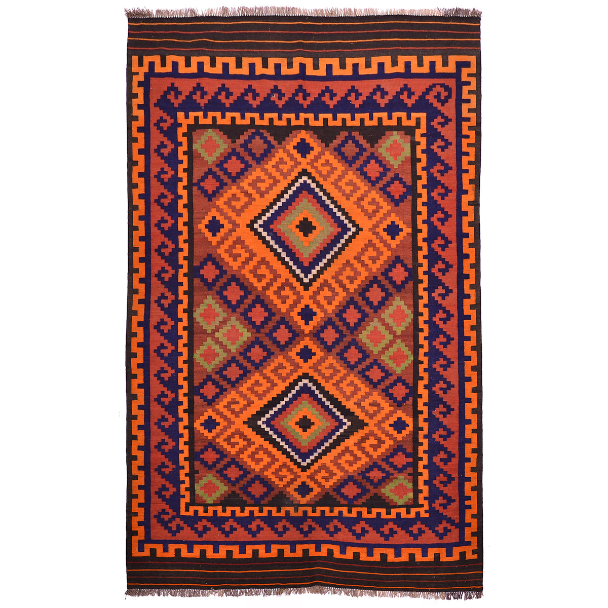 Colourful vintage Kilim rug with dramatic 2 medallion design in colours of orange, blue, terracotta, green and cream.