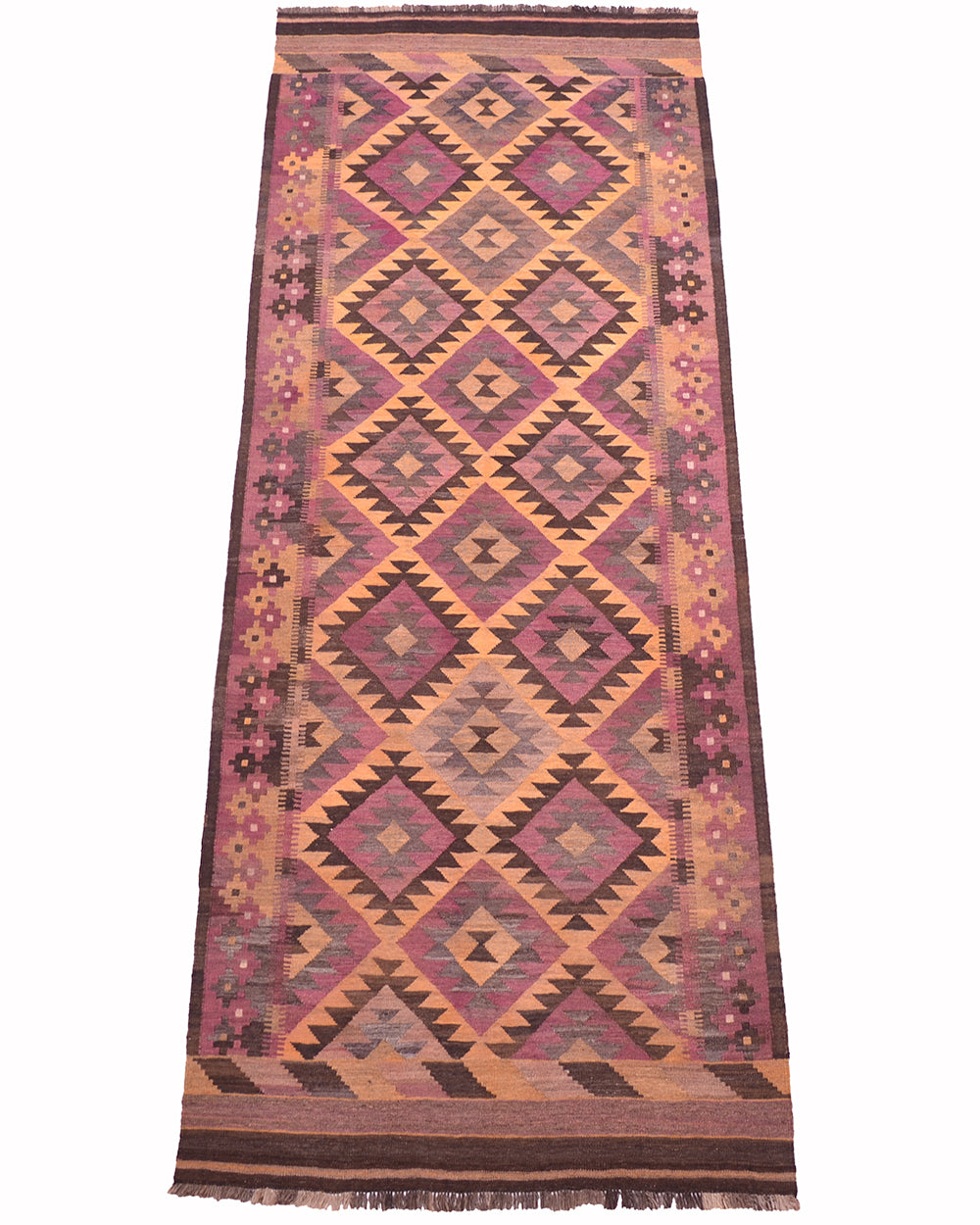 A 11 ft long rectangular handwoven vintage Kilim runner rug with a geometric diamond pattern in dusty pink, purple, brown, and beige tones, shown flat against a white background.