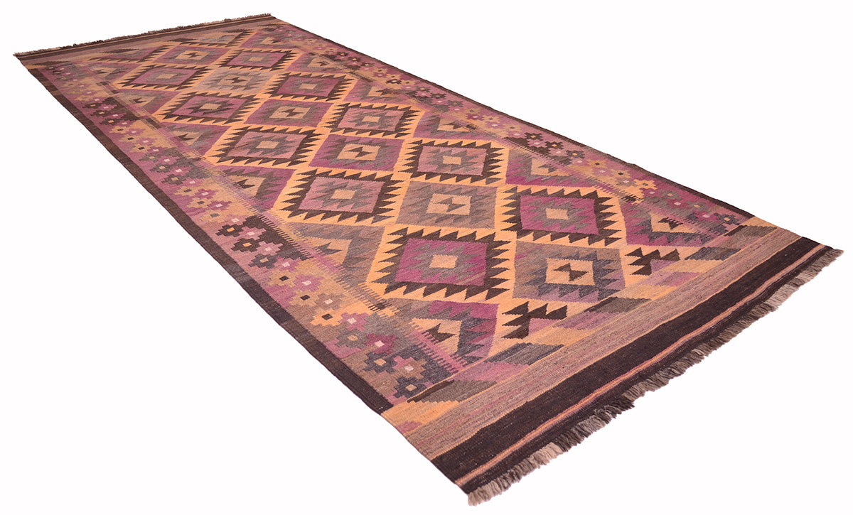 A 3.5m long rectangular handwoven vintage Afghan Kilim runner rug with a geometric diamond pattern in muted purple, brown, beige, and orange tones, shown on a plain white background.