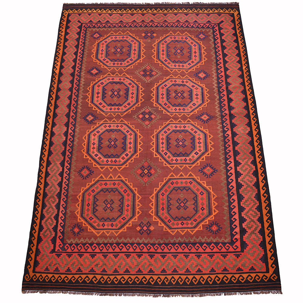 A 13x9'6 rectangular authentic old handwoven Afghan Kilim with a traditional geometric pattern in rust red, orange, and dark navy blue, featuring octagonal medallions and a decorative border.