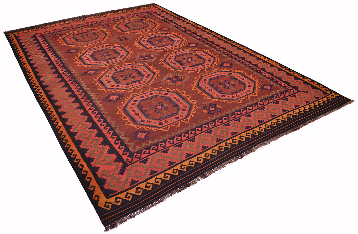 A rectangular 4x2.8m authentic old handwoven Afghan Kilim with a traditional geometric pattern in rust red, orange, brown, and black, shown from an elevated angle on a white background.