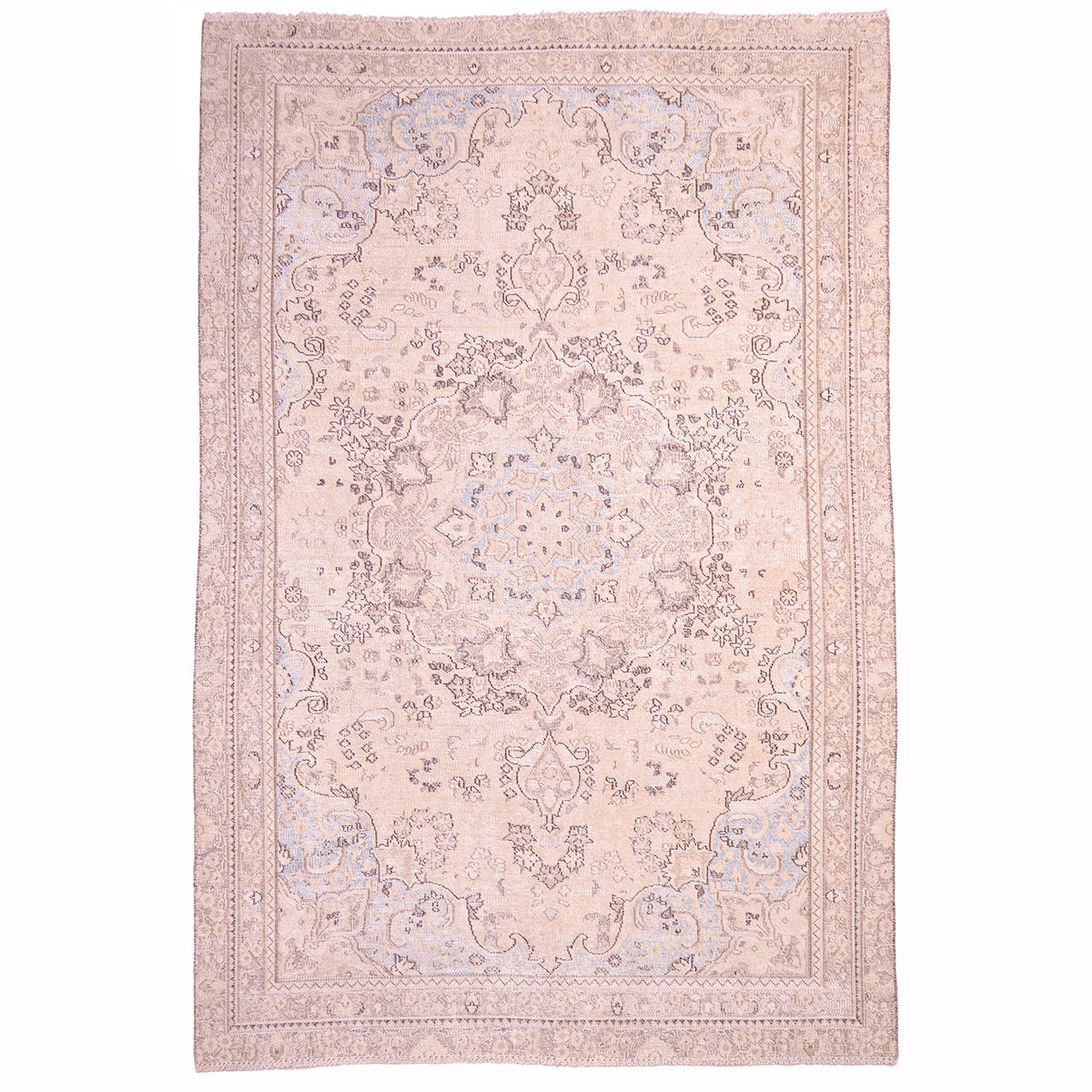 Pale vintage rug: faint floral medallion design on creamy white beige ground with detail in spandrels in pale powder blue and dark brown and mid brown outlining/ definfing floral motifs.