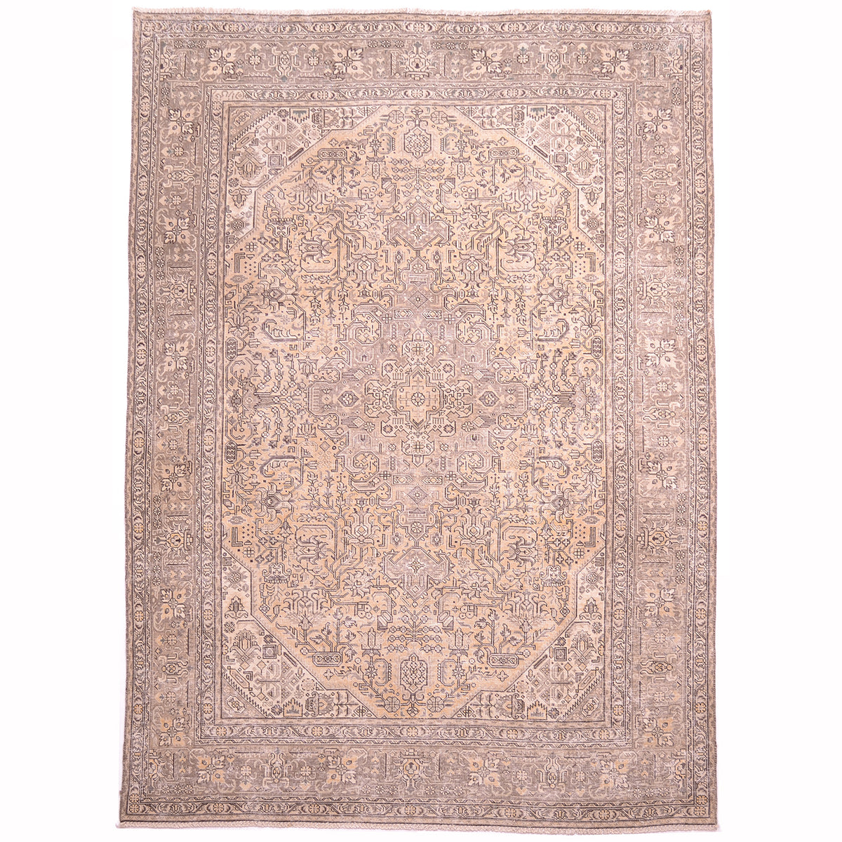 Vintage Oriental carpet with faded colours of gold, beige and taupe & brown with hints of sage green geometric medallion design. Zero pile distressed vintage.